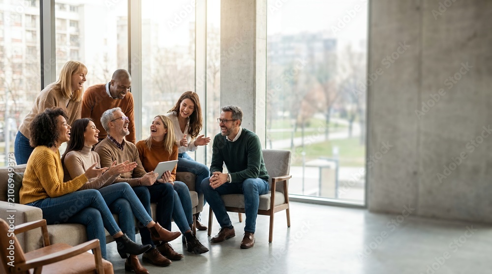 Obraz premium Diverse Group of People Sharing Laughter in Modern Indoor Setting