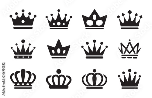 Quadro su tela Set of black crown silhouettes isolated on transparent background for royal luxury logo design