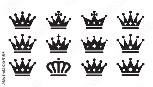 Fotografie Set of twelve black crown icons in flat design style, vector illustration with transparent background