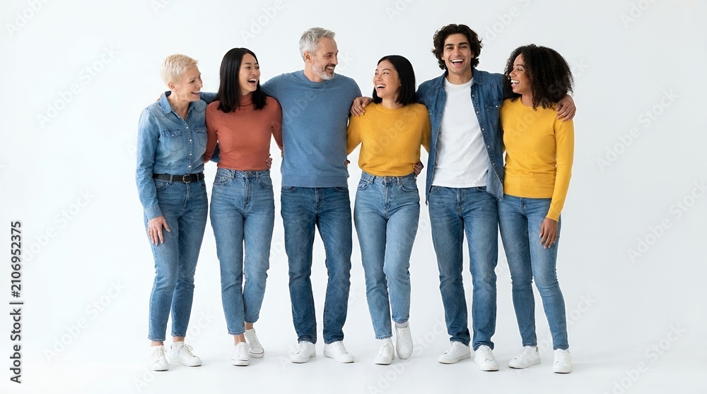 Obraz premium Diverse group of happy friends embracing and smiling, showcasing unity, joy, and positive human connection on a plain white studio background