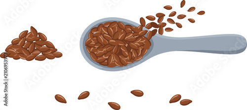 Flaxseed or Linseed in Ceramic Spoon Vector Illustration Featuring Scattered Flying Grains and Small Seed Heap for Superfood Dietary Packaging Designs