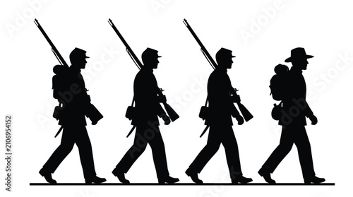 Four historical civil war soldiers march in a line carrying long rifles on white background
