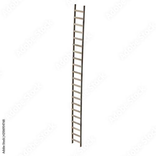 Fotografie A tall wooden ladder isolated against a plain white background.