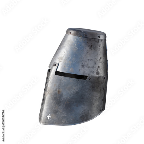 Foto A vintage medieval knight helmet isolated on a white background.
