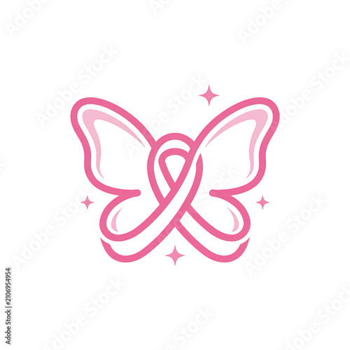 Pink breast cancer awareness ribbon butterfly shape logo with feminine