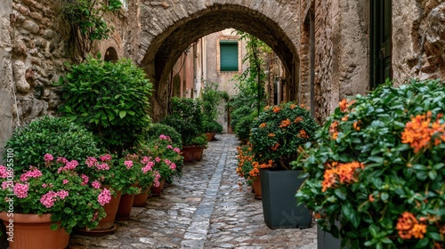 Cobblestone alley lined with potted plants and flowers under an archway