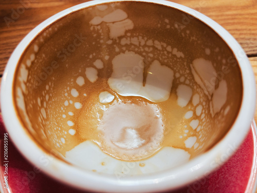 Empty coffee cup with milk foam residue after cappuccino