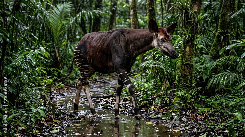 Fototapeta premium Okapi walking in the rainforest. Rare forest giraffe in its natural jungle habitat.