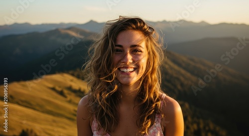 Smiling woman enjoys sunlight overlooking rolling hills and mountain range