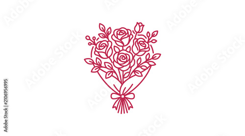 Red line art rose bouquet floral icon.