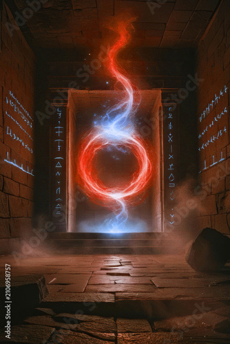 A glowing red and blue magical energy portal swirling in a dark ancient stone temple chamber. mystical runes, fantasy cosmic doorway, cinematic background.