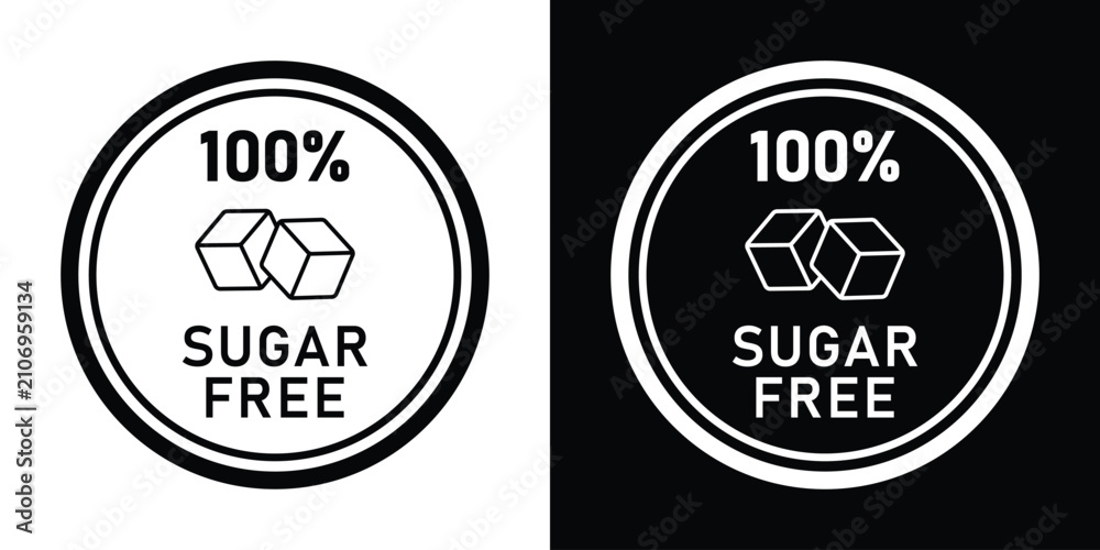 Obraz premium Circular 100% Sugar Free badge stamp icon with sugar cube graphic. Black and white vector emblem for low-sugar food packaging and health product labeling design.
