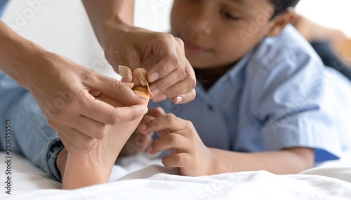 A person assists a child lying down, holding a small object