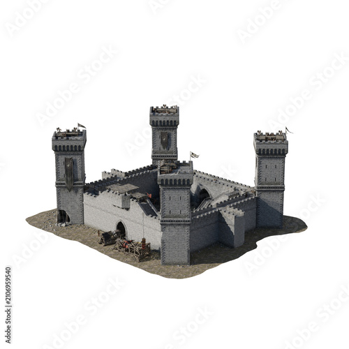 Fotografie A 3D rendered model of a medieval stone castle with four towers isolated on white background