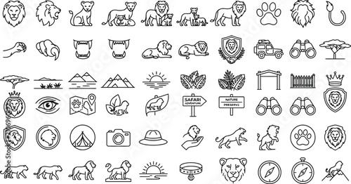 Photography Set of african safari and lion themed hand drawn line vector icons with wildlife