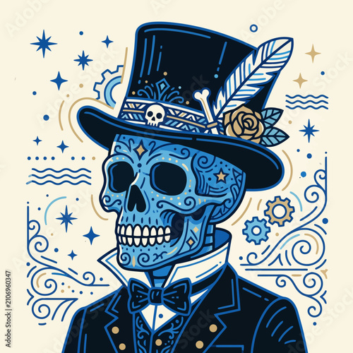 Bild auf Leinwand A stylized illustration of a dapper skeleton wearing a top hat