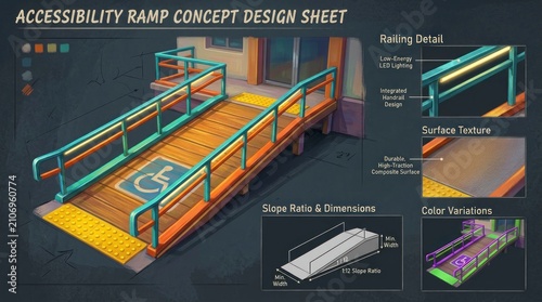 Accessibility Ramp Design Concept Sheet for Public Buildings and Spaces.