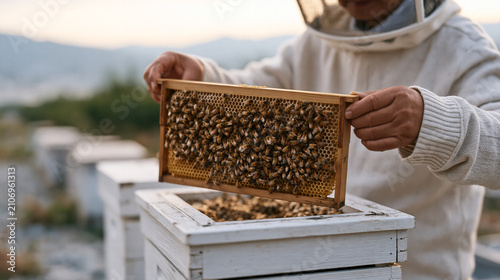 A mature Korean beekeeper in a mesh veil lifts a full brood frame from a hive body in an orchard, bees clustered thickly across the wax cells, early morning dew still visible on
