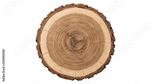 Top view of circular wooden stump showing detailed growth rings with dark bark isolated on transparent bg.