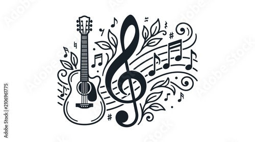 Foto Acoustic Guitar and Treble Clef Music Vector Illustration