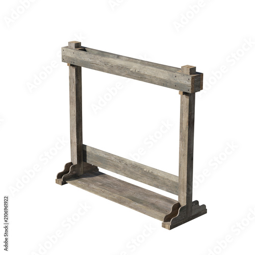 Rustic wooden sawhorse isolated on a white background for carpentry projects.