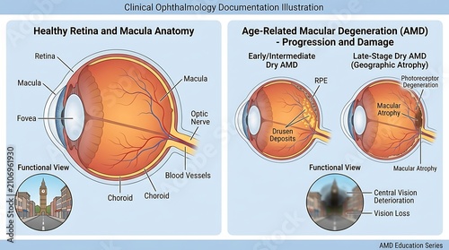 Clinical illustration of age-related macular degeneration progression from healthy retina to early and late-stage dry AMD, featuring macular atrophy and simulated central vision loss effects.