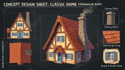 Architectural Concept Design Sheet of a Classic Home with Triangular Roof.