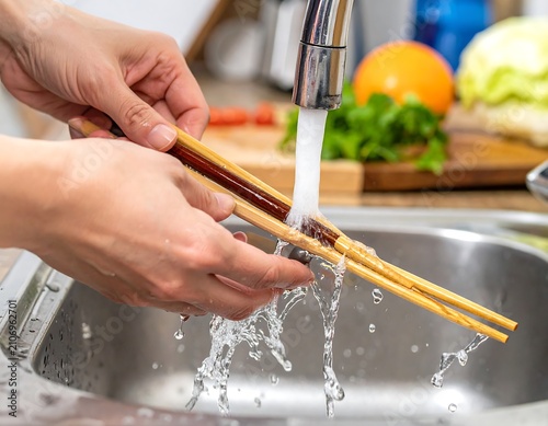 A person cleans wooden chopsticks under a kitchen faucet