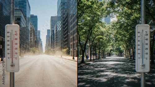 A split-screen comparison showing a hot, sun-exposed city street with a high-temperature reading versus a cool, tree-shaded street with a lower temperature reading.