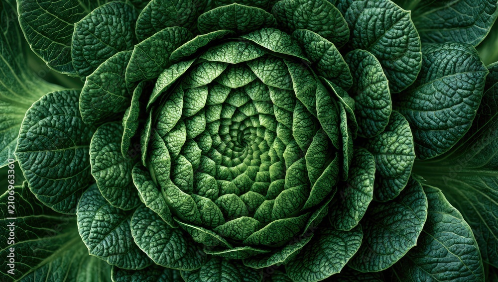 Obraz premium Close-up, top-down view of a vibrant green leafy vegetable's intricate spiral pattern