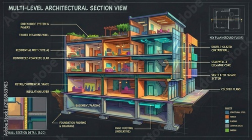 Architectural Section View of a Multi-Level Building with Detailed Interior.