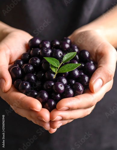 A person cradles a handful of dark purple berries with green leaves