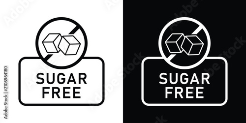 Foto Sugar Free label icon featuring a crossed-out sugar cube line graphic above text box