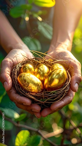 A person cradles a nest with three shiny golden eggs in their cupped hands surrounded by blurred greenery and sunlight