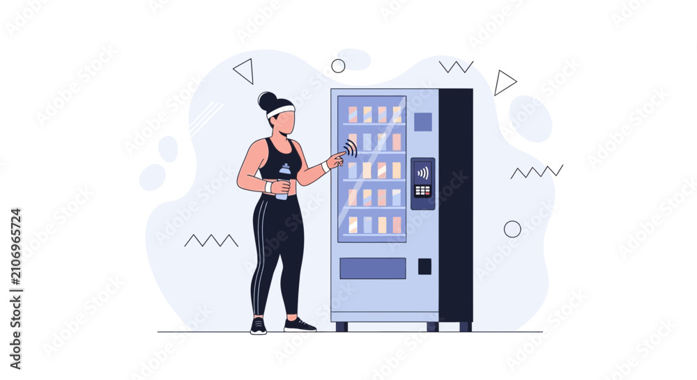 Obraz premium Woman in Sportswear Using Smart Vending Machine for Healthy Snacks and Drinks After Workout