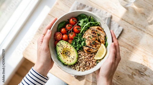 Hands gently hold a nutritious power bowl featuring grilled chicken, fresh avocado, ripe cherry tomatoes, leafy greens, and wholesome grains. This balanced meal promotes healthy eating habits 