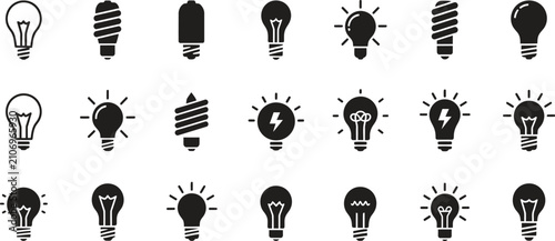 Collection of various light bulb icons in black and white with design elements, graphic design