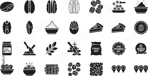 Collection of various food and drink icons including fruits vegetables bread meat beverages