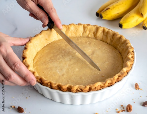 A person cuts a pie crust with a knife on a white table