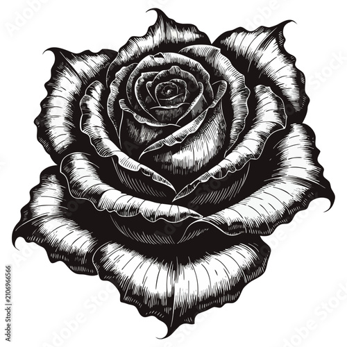 Vintage style rose flower head engraving illustration black and white hand drawn floral bloom vector sketch for tattoo.