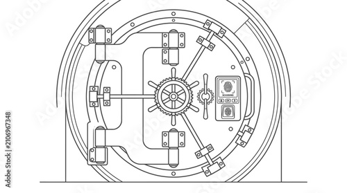 A detailed line art illustration of a heavy bank vault door with mechanical locking mechanisms.