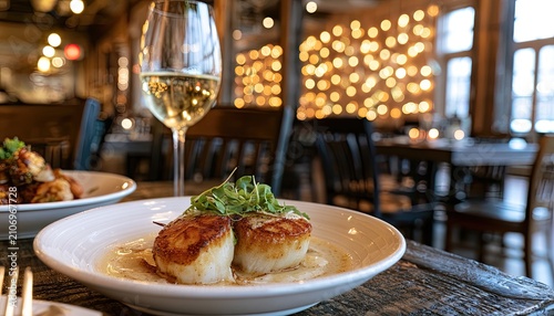 Elegant plated seafood with a glass of white wine in a dimly lit restaurant