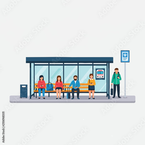 People Waiting at City Bus Stop Flat Vector Illustration