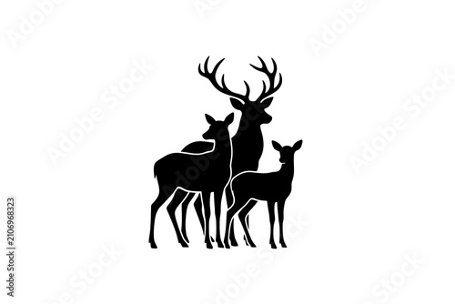 Black silhouette of a deer family with a stag, doe, and fawn isolated on a white background