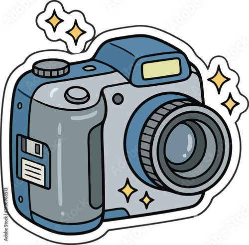 Vintage digital camera sticker with lens and sparkly star icons