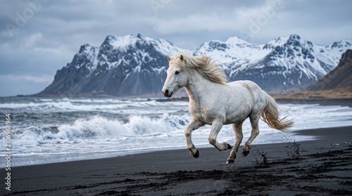 Fotografie White horse galloping on black sand beach with crashing ocean waves and snow capped mountains in background during cloudy day in majestic icelandic landscape
