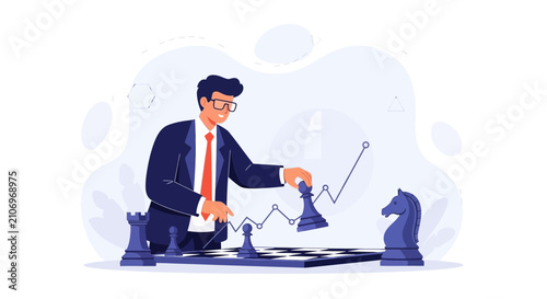 Business Strategy Concept: Man Playing Chess with Financial Chart