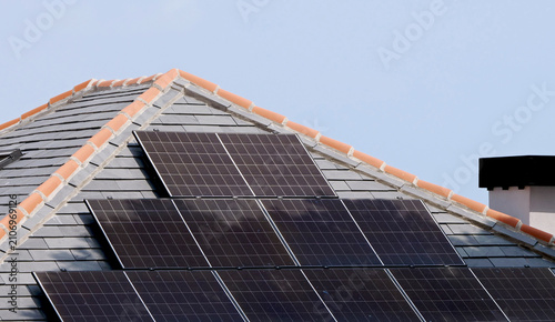 Solar panels on a slate roof, with the surface partially shaded by a tree canopy and a chimney on the right