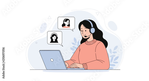 Customer service agent with headset working on laptop, communicating with clients via online chat and video call