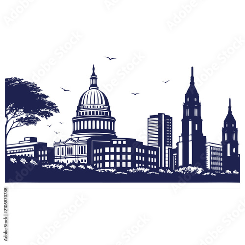 Washington dc capitol building silhouette skyline graphic vector illustration design for travel brochures and posters print.